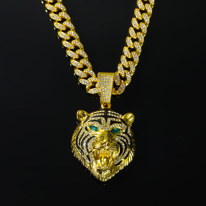 Hip-Hop Green-Eyed Lion Head Cuban Chain Pendant Necklace