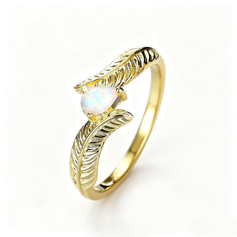 Women's Gold Plated Feather Teardrop Opal ring