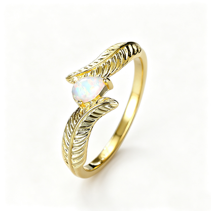 Women's Gold Plated Feather Teardrop Opal ring