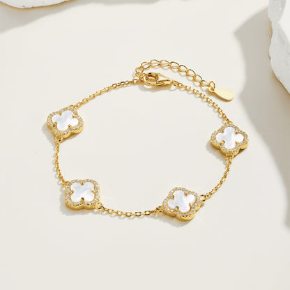 Women's Delicate Bracelet, White Shell & Round White Zirconia Inlay Clover Design, S925 with 18K Gold Plating