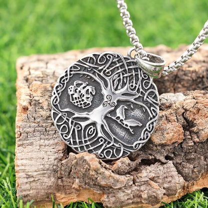 Men's Steel Tree of Life Round Pendant Necklace