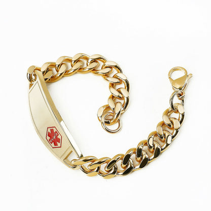 Men’s Gold Tone Stainless Steel Curved Medical Tag Bracelet, European American Fashion Wrist Jewelry