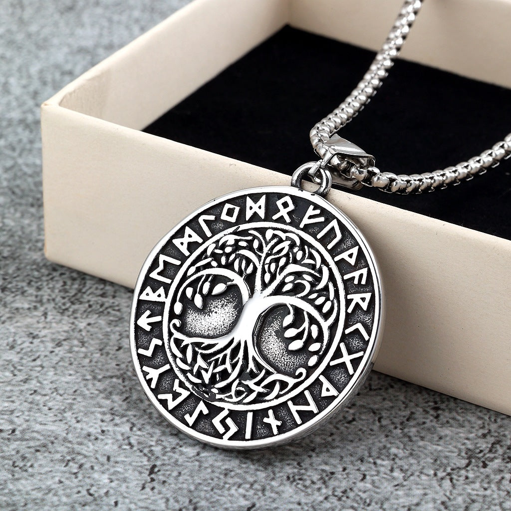 Vintage Stainless Steel Viking Tree of Life Rune Pendant Necklace for Men