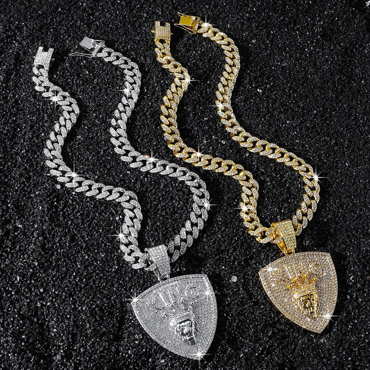 Hip-Hop Lion Head King Shield Cuban Chain Pendant Necklace