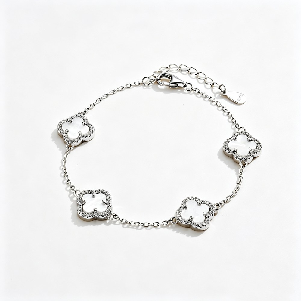 Women's Delicate Bracelet, White Shell & Round White Zirconia Inlay Clover Design, S925 with White Gold Plating