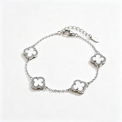 Women's Delicate Bracelet, White Shell & Round White Zirconia Inlay Clover Design, S925 with White Gold Plating