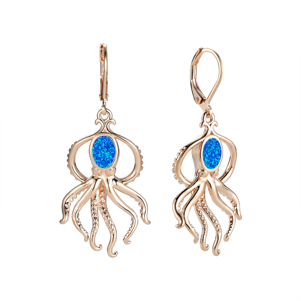 Women's Octopus‑Shape Oval Opal & Zirconia Leverback Dangle Earrings, with Champagne Gold Plating / White Gold Plating