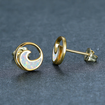 Women's Round Ocean Wave Opal Stud Earrings, Inlaid with Blue Opal & White Opal, with White Gold Plating / Gold Plating