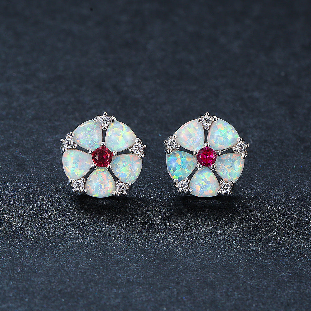 Women's Flower‑Shape Stud Earrings, Opal With Zirconia Inlay, White Gold Plating