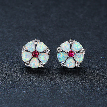 Women's Flower‑Shape Stud Earrings, Opal With Zirconia Inlay, White Gold Plating