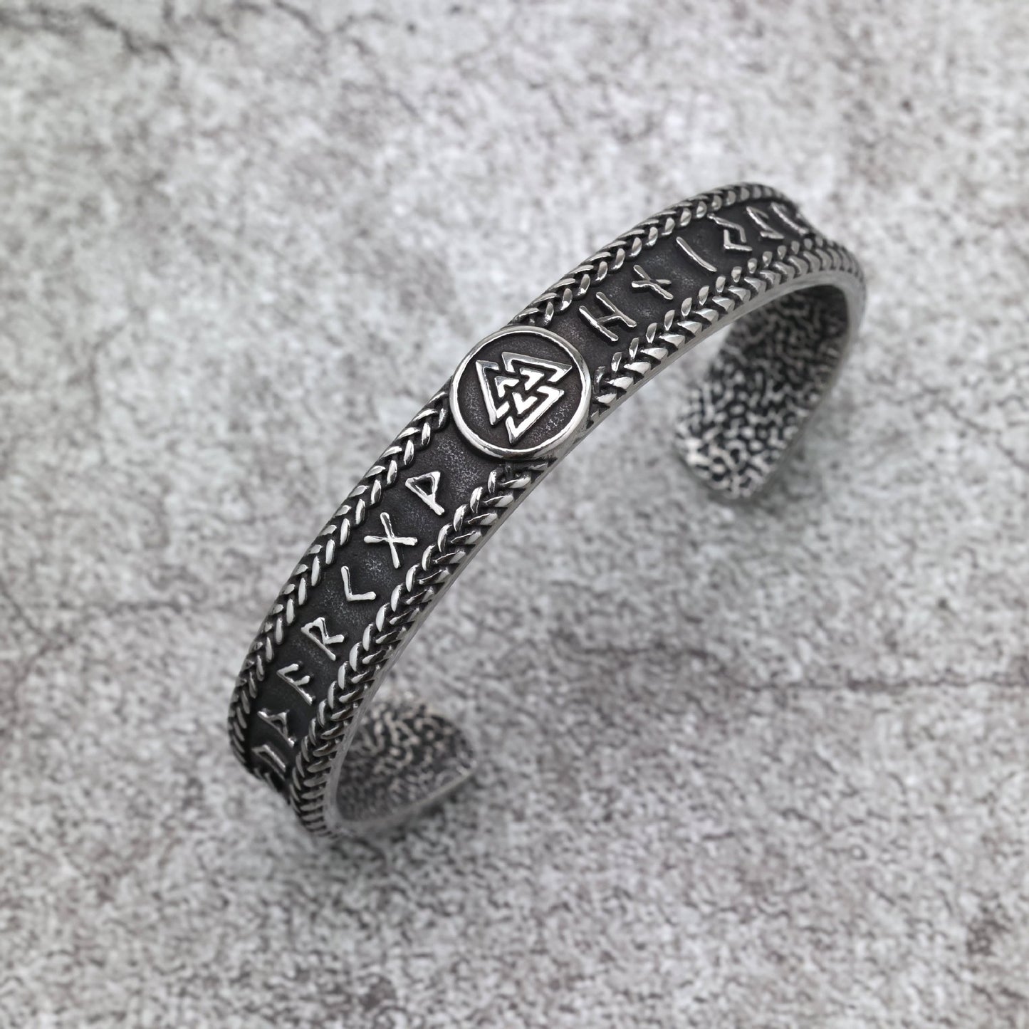 Vintage Viking Symbols Solid Stainless Steel Open C Bracelet for Men, European Retro Cuff Bangle