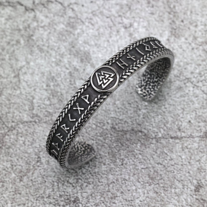 Vintage Viking Symbols Solid Stainless Steel Open C Bracelet for Men, European Retro Cuff Bangle