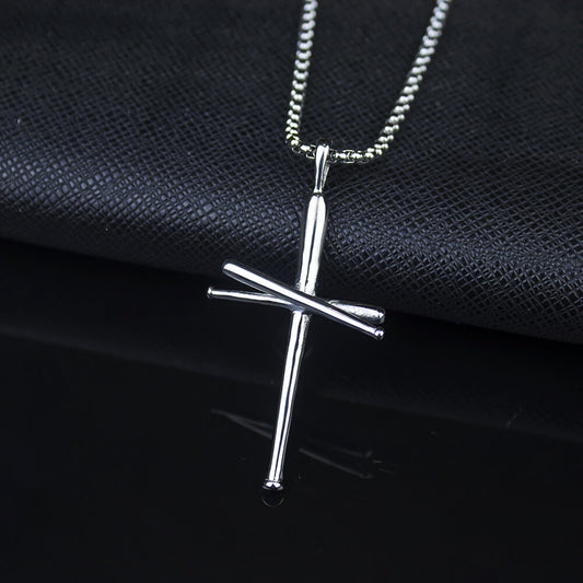 Men's Steel Baseball Bat Cross Pendant Necklace