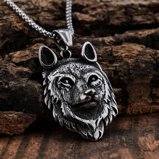 Vintage Stainless Steel Arctic Wolf Head Pendant Necklace for Men