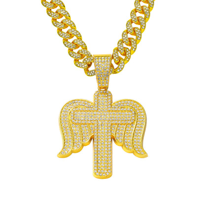 Hip-Hop Angel Wing Cross Cuban Chain Pendant Necklace