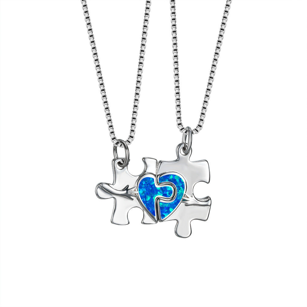 Blue Opal Puzzle Heart Set Necklace