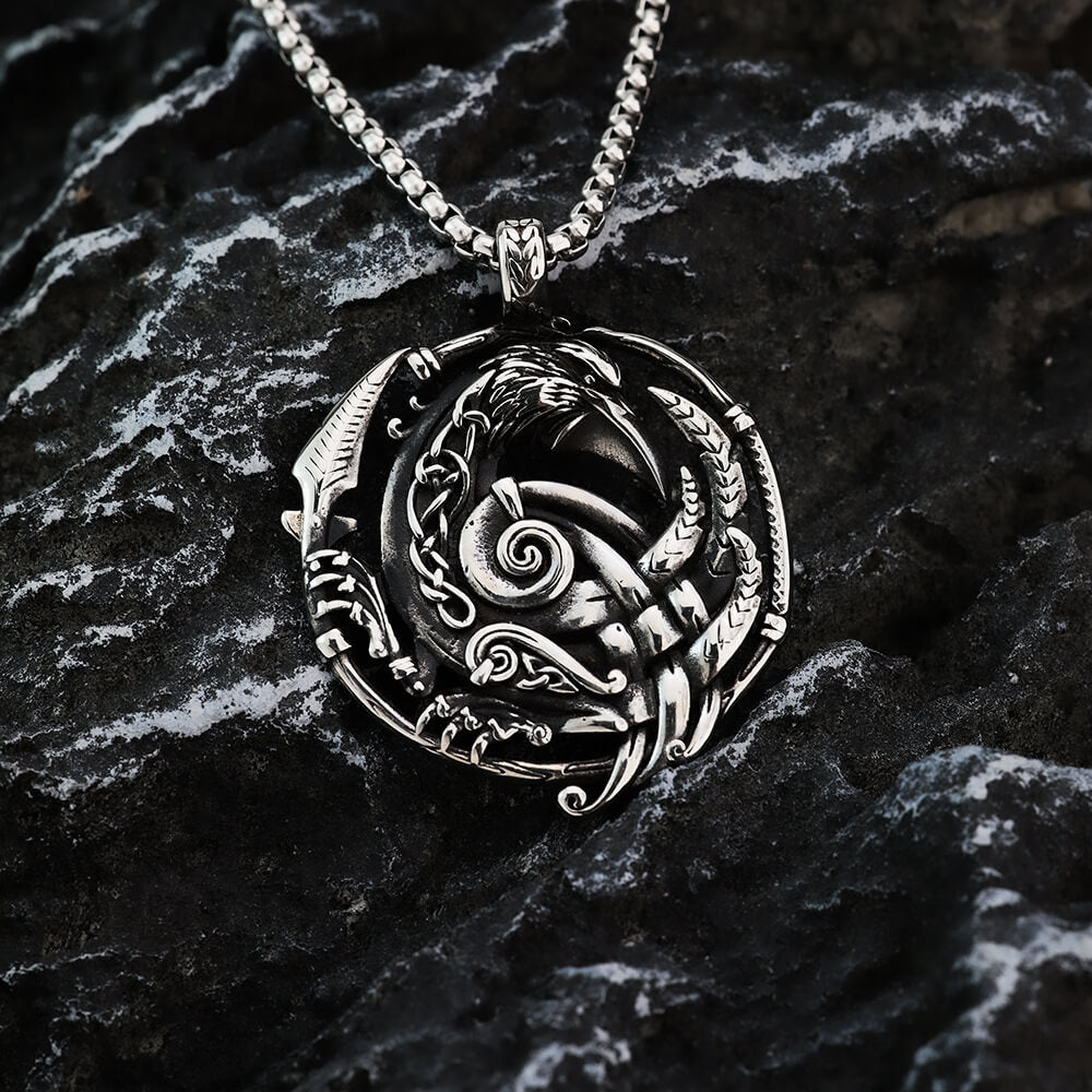 Mens Steel Nordic Raven Hollow Round Pendant Necklace