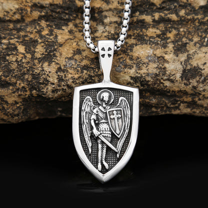 Men's Steel Archangel Shield Double Sided Pendant Necklace