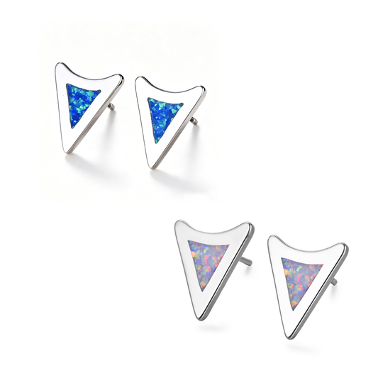 Women's Irregular Triangle Blue & White Opal Bezel Stud Earrings, White Gold Plating