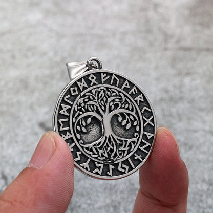 Vintage Stainless Steel Viking Tree of Life Rune Pendant Necklace for Men