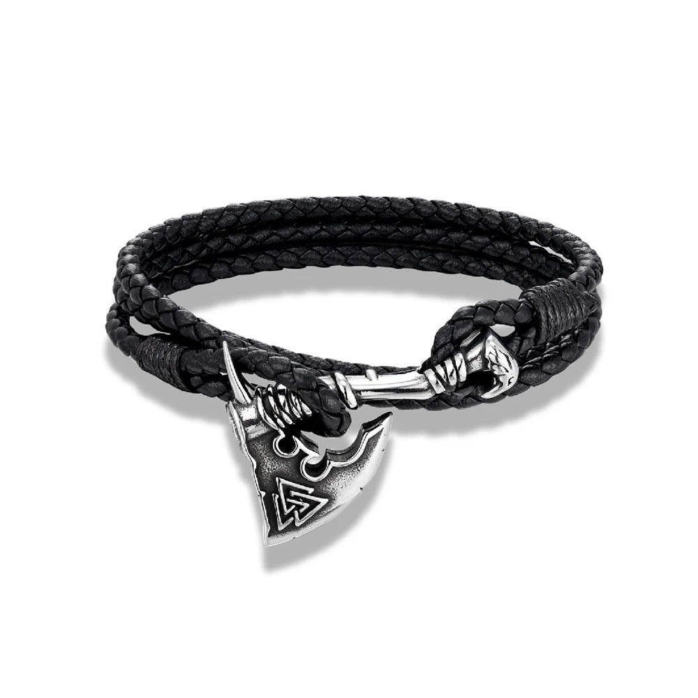 Nordic Viking Warrior Axe Stainless Steel Bracelet for Men, Handmade Double Strand Braided Leather Retro Wrist Accessory