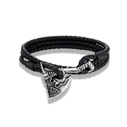 Nordic Viking Warrior Axe Stainless Steel Bracelet for Men, Handmade Double Strand Braided Leather Retro Wrist Accessory