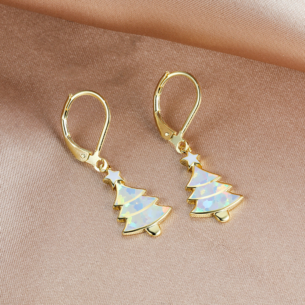 Women's Christmas Tree Color Opal Dangle Earrings, Gold / White Gold Plating