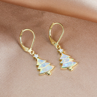 Women's Christmas Tree Color Opal Dangle Earrings, Gold / White Gold Plating