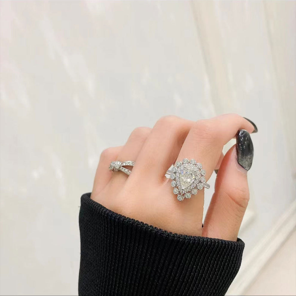 Women's White Gold Drip Shape Bezel Setting Stones Halo Adjustable Ring