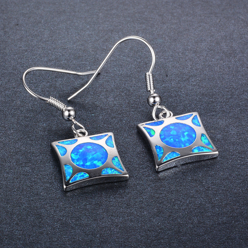 Women's Square Hollow Pattern Dangle Earrings, Inlaid Round Blue Opal / White Opal, White Gold Plating