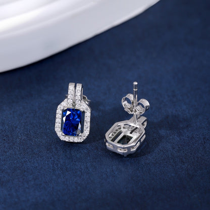 Women's Geometric Frame Stud Earrings, Rectangular Blue Sapphire, Round Zirconia Halo Setting, S925 with White Gold Plating