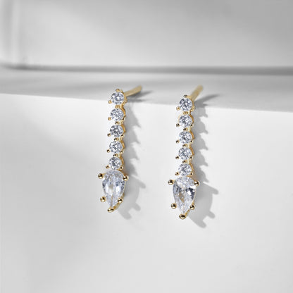 Women's Dangle Earrings, Pear Shape Main Stone Spliced With Drop & Round Colorless Zirconia Paved Setting, S925 with Gold Plating