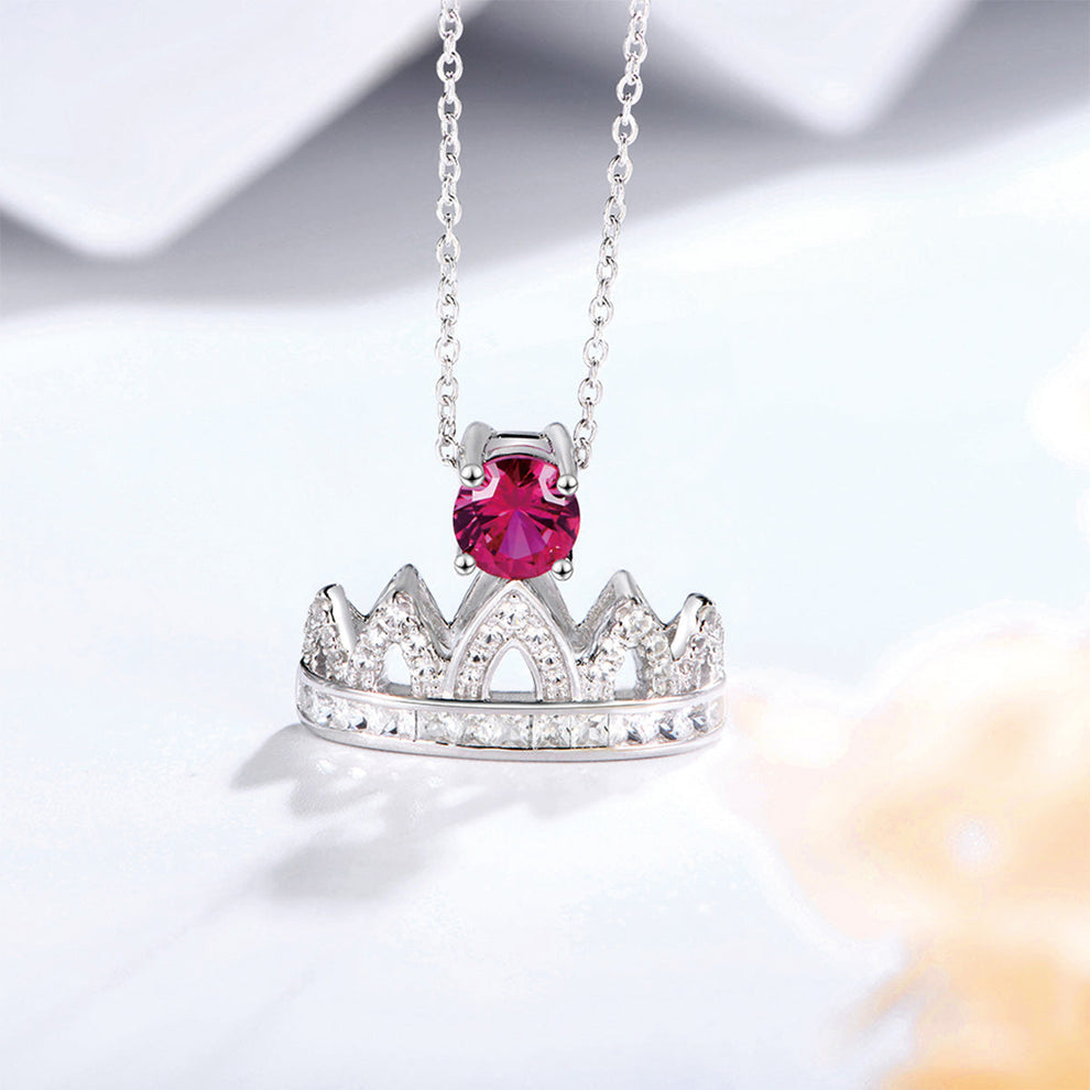 Women's Sterling Silver Necklace with Ruby Round Stones Full Diamonds Crown Pendants