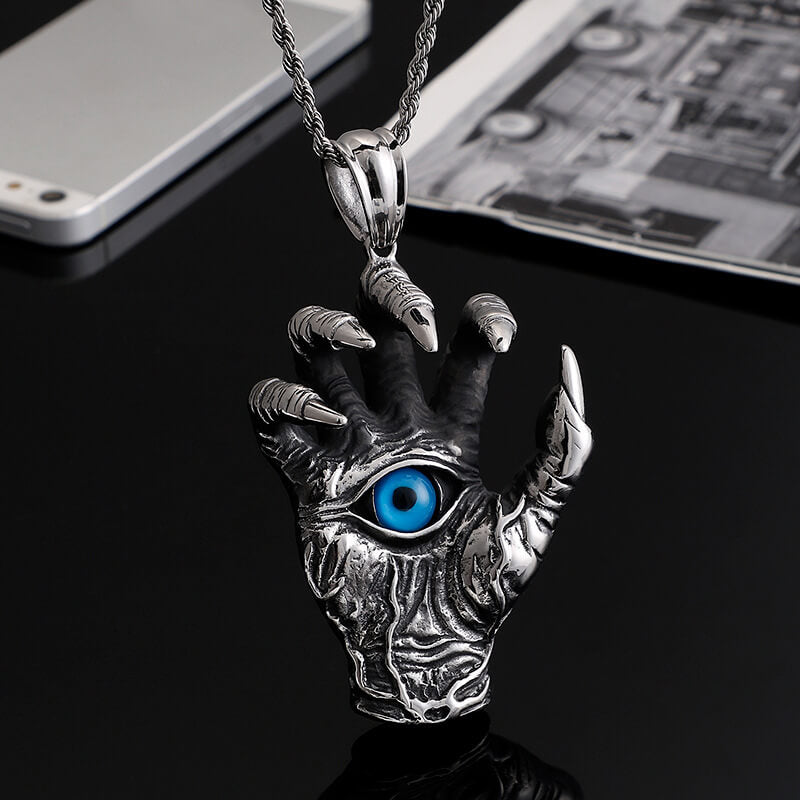 Men's Vintage Claw Skull Blue Eye Pendant Necklace