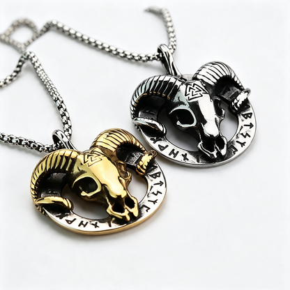 Vintage Stainless Steel Viking Rune Ram Skull Pendant Necklace for Men