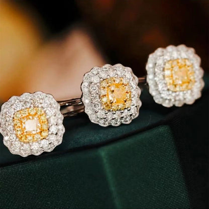 Women's White Gold Cushion Shape Layered Stones Yellow Gem Halo Adjustable Ring