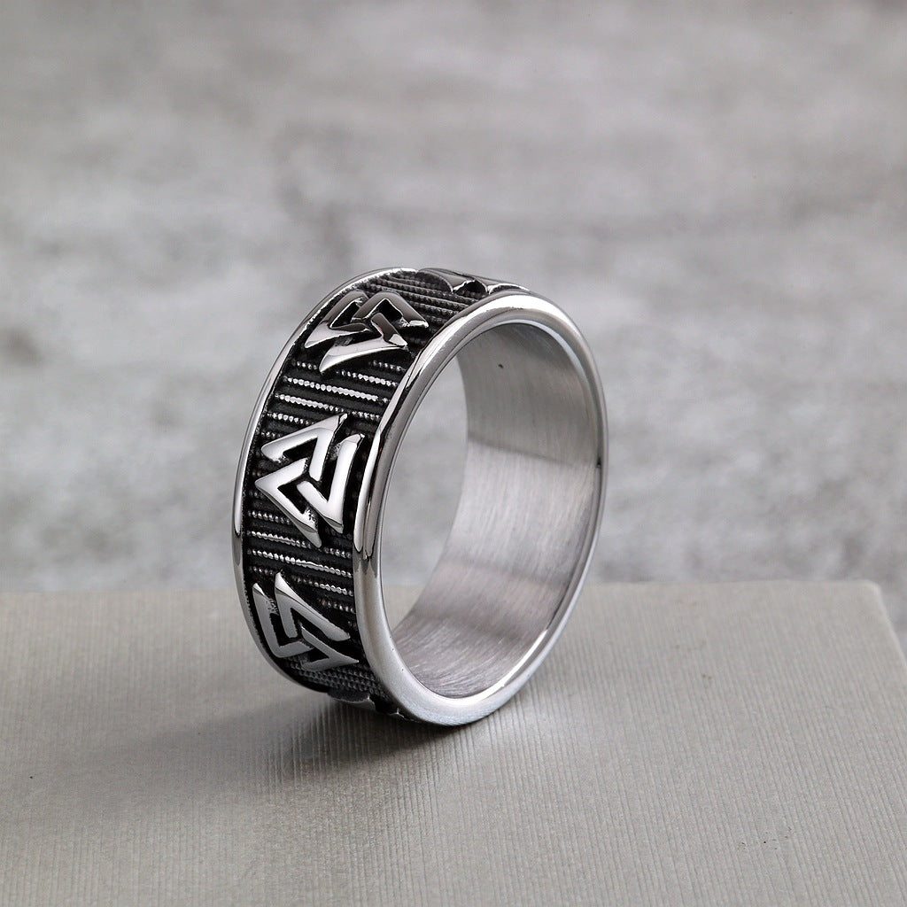 Vintage Solid Stainless Steel Slim Norse Viking Valknut Triangle Band Ring for Men