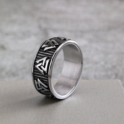 Vintage Solid Stainless Steel Slim Norse Viking Valknut Triangle Band Ring for Men