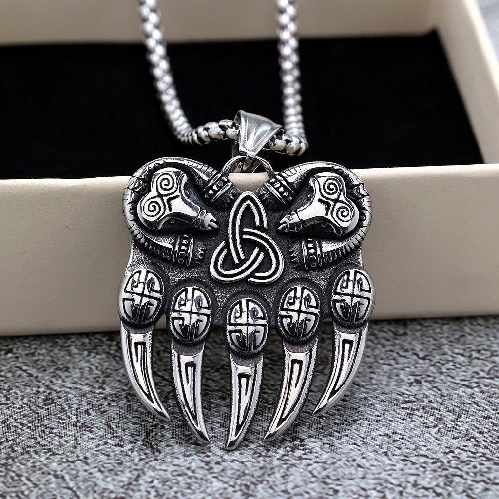 Vintage Stainless Steel Single Sided Celtic Knot Bear Paw Pendant Necklace for Men