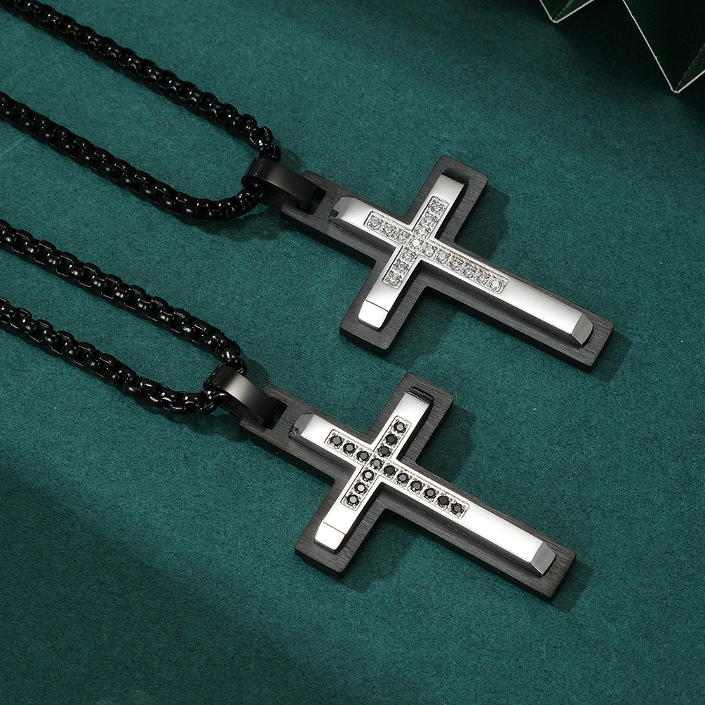 Men's Double-Layer Beveled Stone-Inlaid Cross Pendant Necklace