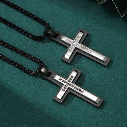 Men's Double-Layer Beveled Stone-Inlaid Cross Pendant Necklace
