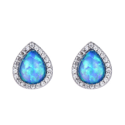 Women's Exquisite Pear‑Shape Halo Paved Zirconia Blue / White Opal Stud Earrings, with White Gold Plating