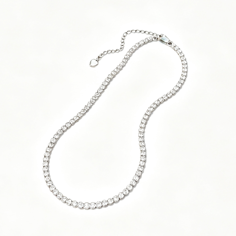 Women's Single Row Tennis Necklace, Inlaid Round Clear Zirconia, S925 with White Gold Plating