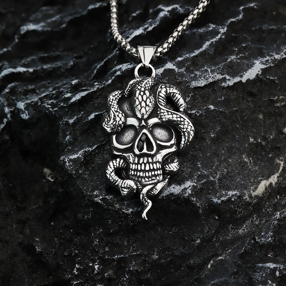 Men's Steel Snake Wrapped Skull Pendant Necklace