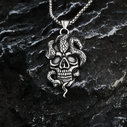 Men's Steel Snake Wrapped Skull Pendant Necklace