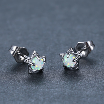 Women's Star‑Shape Prong‑Set White Opal Stud Earrings, with White Gold Plating / Gold Plating
