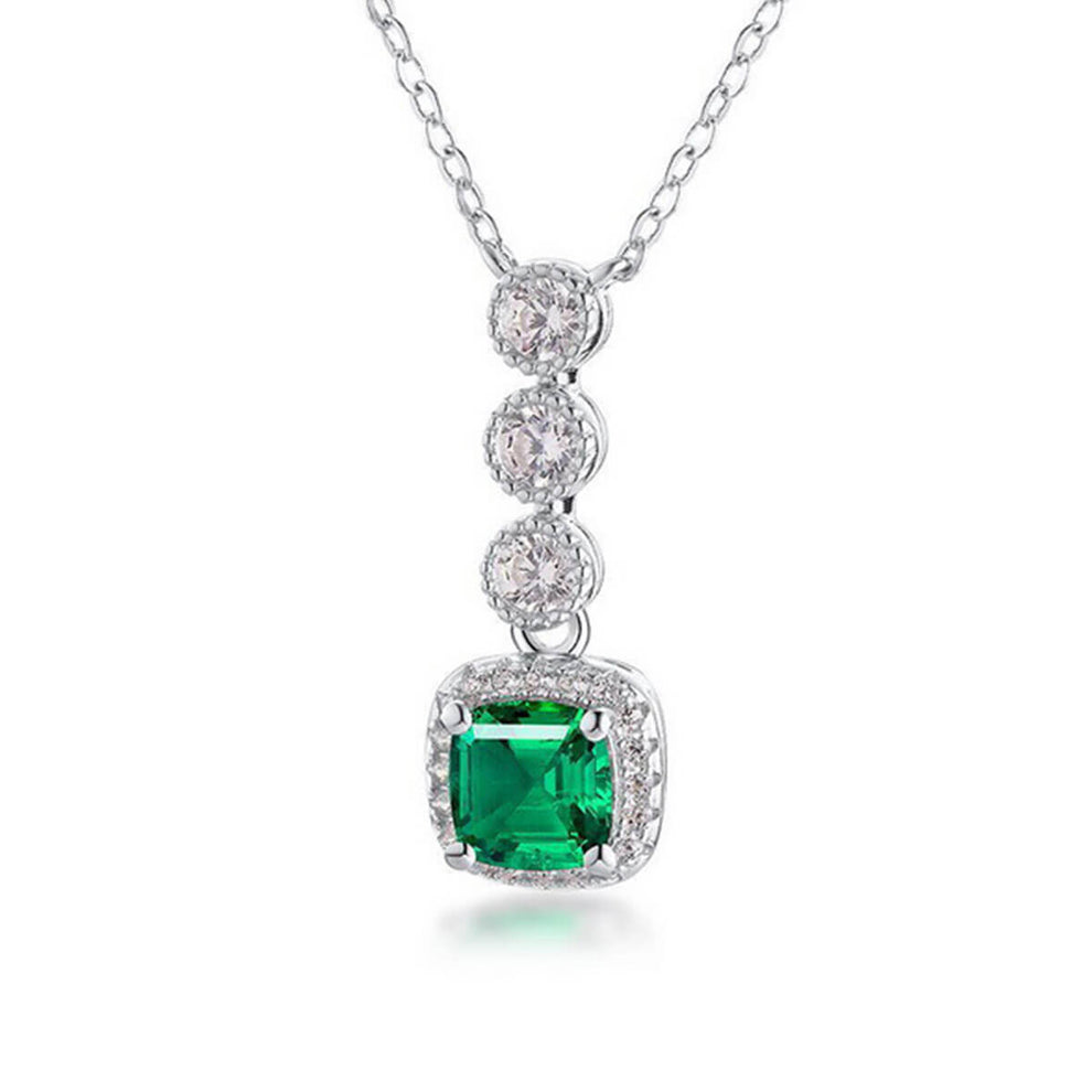 Women's Sterling Silver Triple Stones Cushion Shape Halo Emerald Pendant