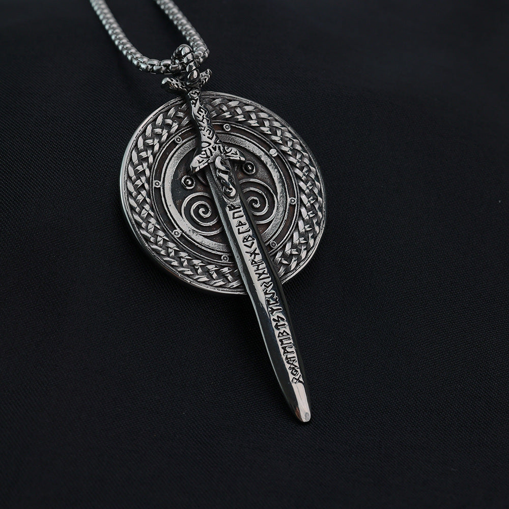 Men's Steel Viking Rune Sword Shield Round Tag Pendant Necklace