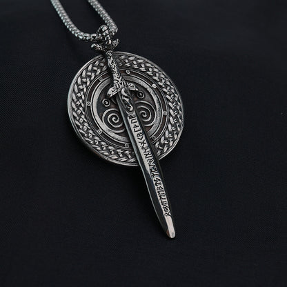 Men's Steel Viking Rune Sword Shield Round Tag Pendant Necklace