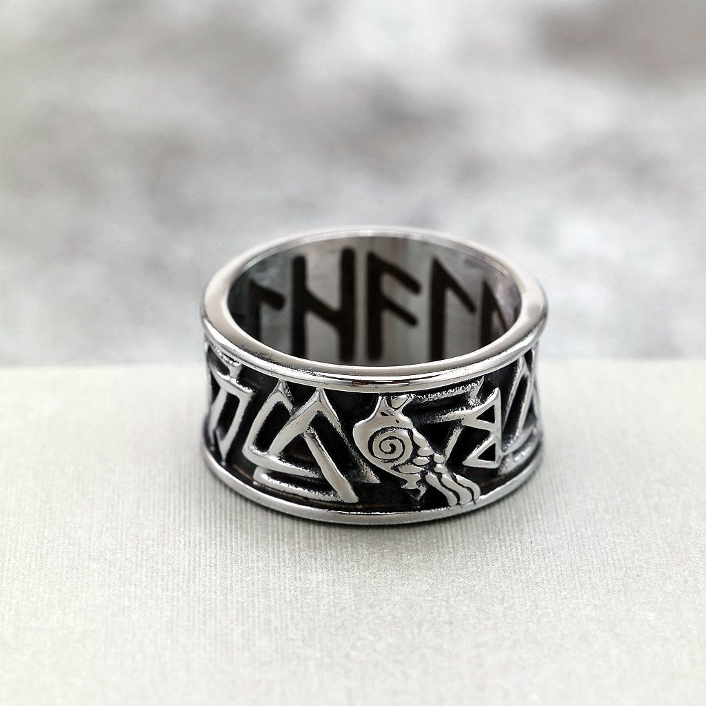 Vintage Stainless Steel Viking Rune Crow Carved Ring for Men